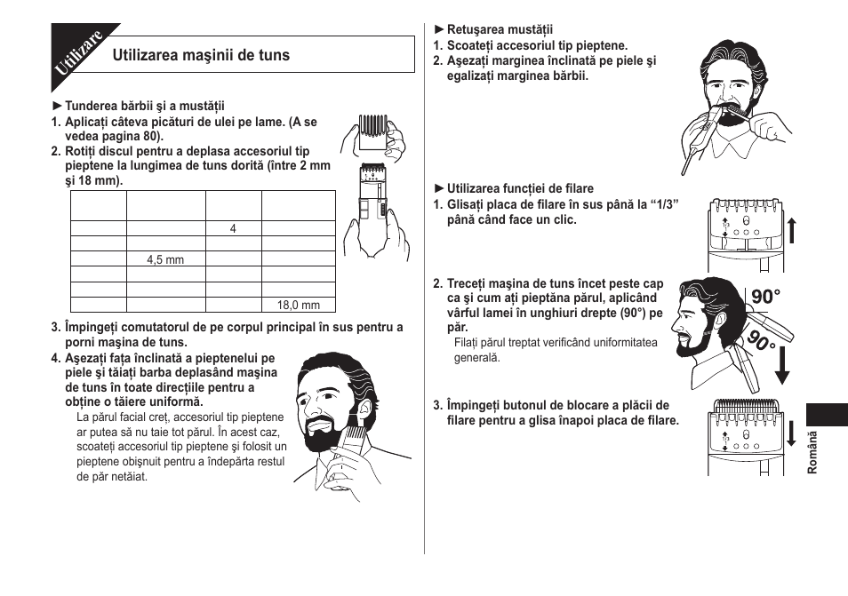 Utilizar e, Utilizarea maşinii de tuns | Panasonic ER2302 User Manual | Page 79 / 100