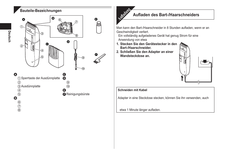 Aufladung, Aufladen des bart-/haarschneiders | Panasonic ER2302 User Manual | Page 8 / 100