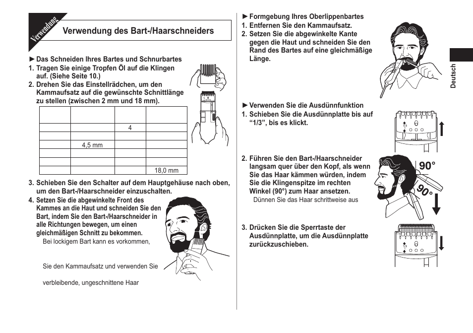 Verwendung, Verwendung des bart-/haarschneiders | Panasonic ER2302 User Manual | Page 9 / 100