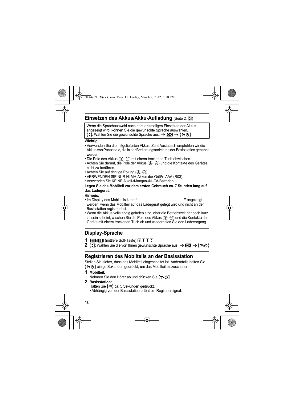 Einsetzen des akkus/akku-aufladung, Display-sprache, Registrieren des mobilteils an der basisstation | Panasonic KXTGA671EX User Manual | Page 10 / 84