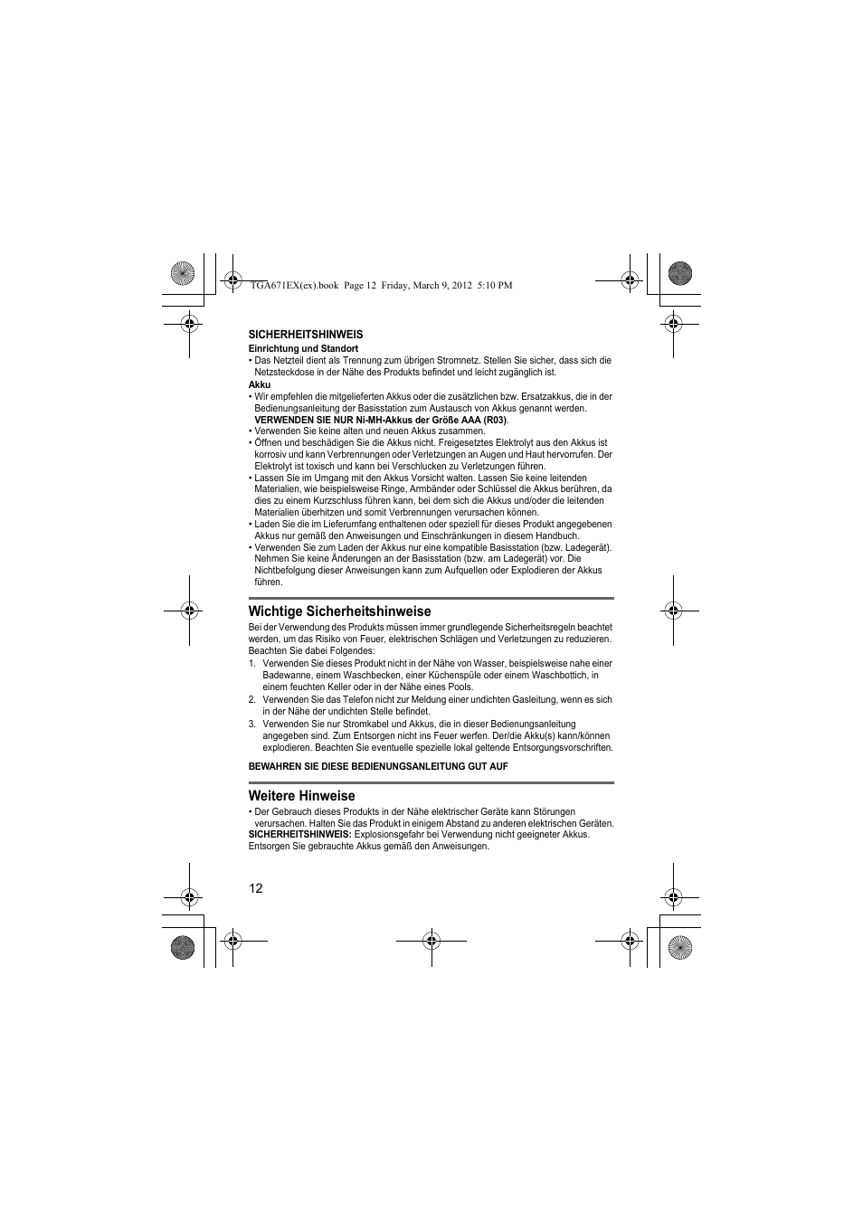 Wichtige sicherheitshinweise, Weitere hinweise | Panasonic KXTGA671EX User Manual | Page 12 / 84