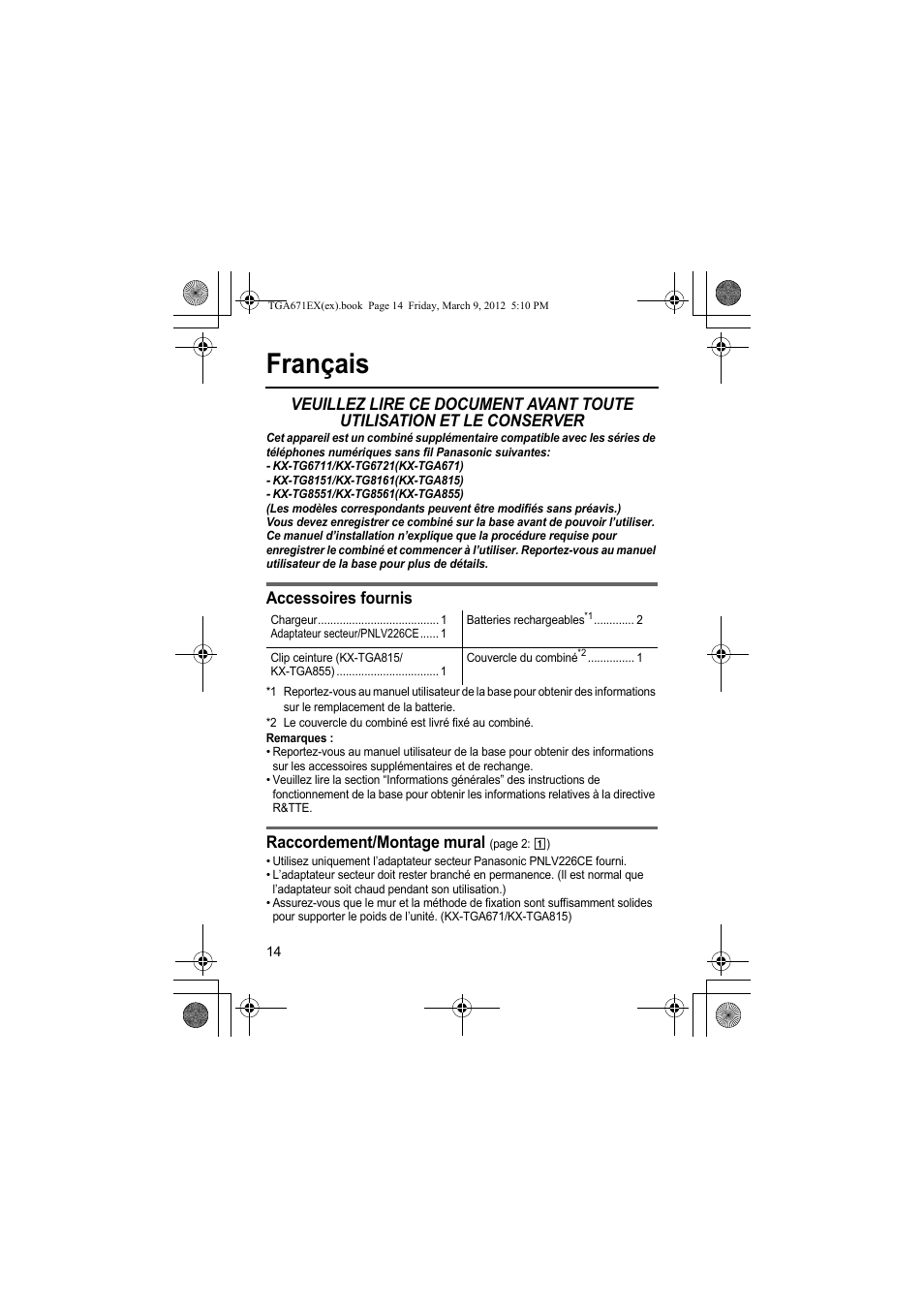 Français, Accessoires fournis, Raccordement/montage mural | Panasonic KXTGA671EX User Manual | Page 14 / 84