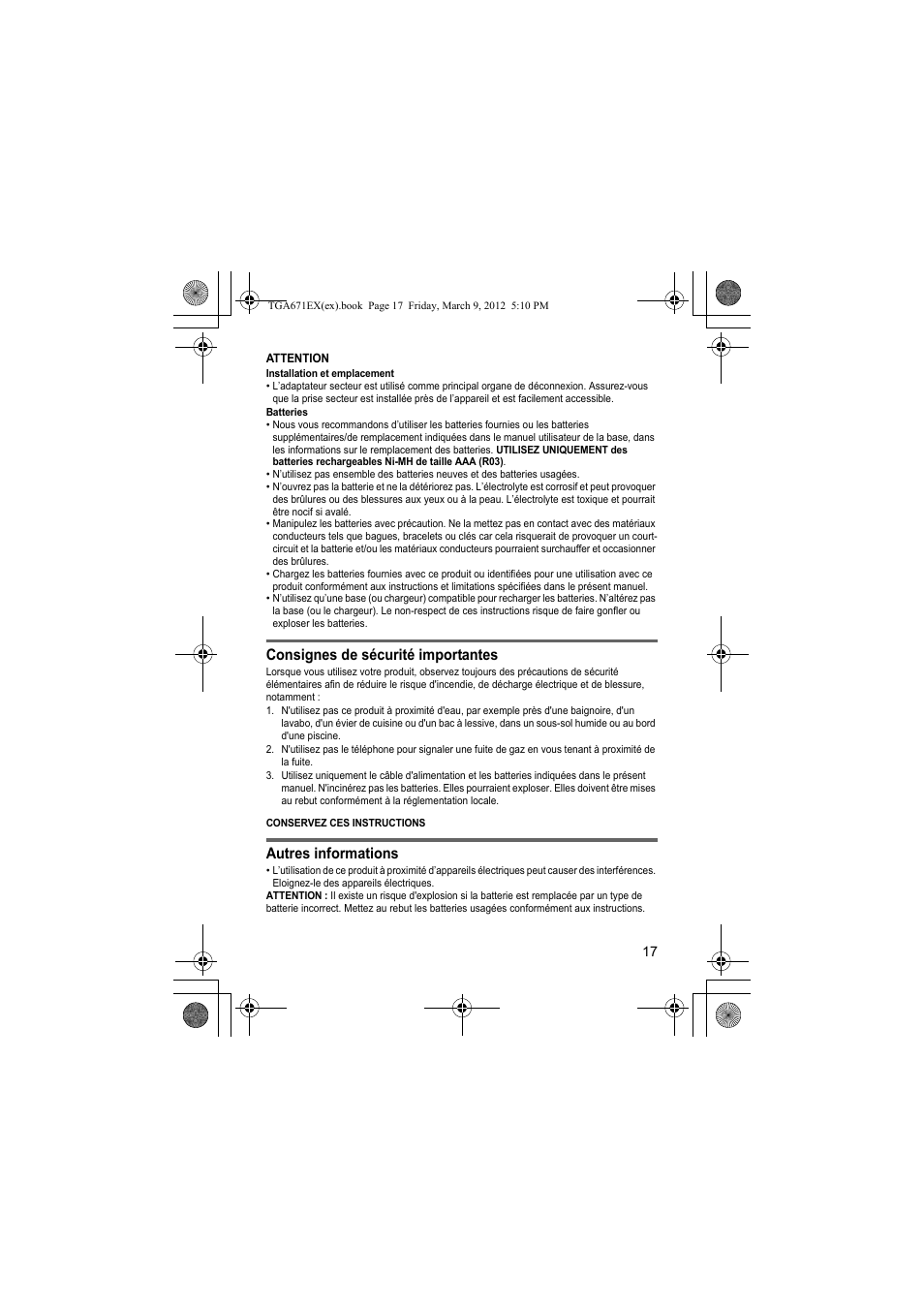 Consignes de sécurité importantes, Autres informations | Panasonic KXTGA671EX User Manual | Page 17 / 84