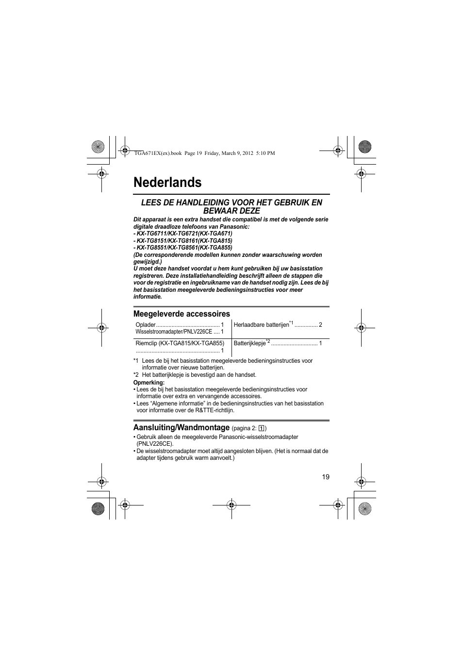 Nederlands, Meegeleverde accessoires, Aansluiting/wandmontage | Panasonic KXTGA671EX User Manual | Page 19 / 84