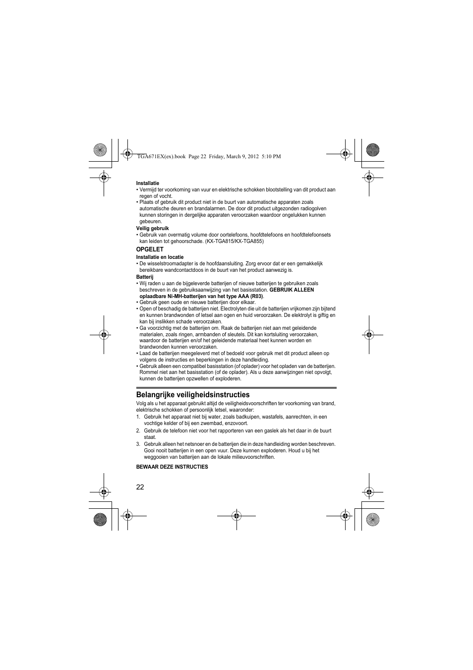 Belangrijke veiligheidsinstructies | Panasonic KXTGA671EX User Manual | Page 22 / 84