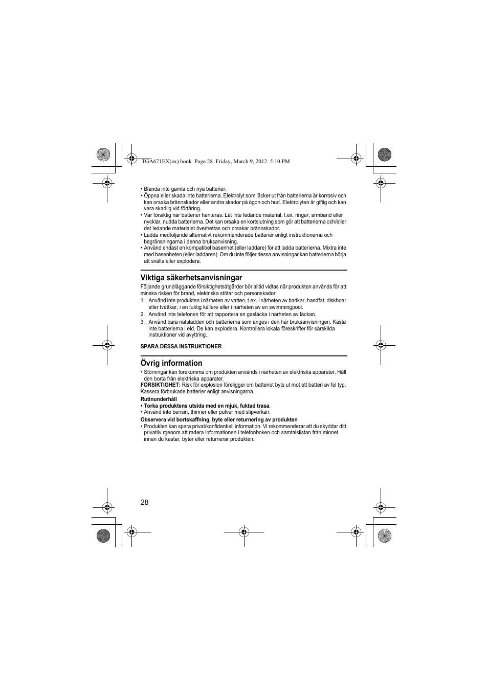 Viktiga säkerhetsanvisningar, Övrig information | Panasonic KXTGA671EX User Manual | Page 28 / 84