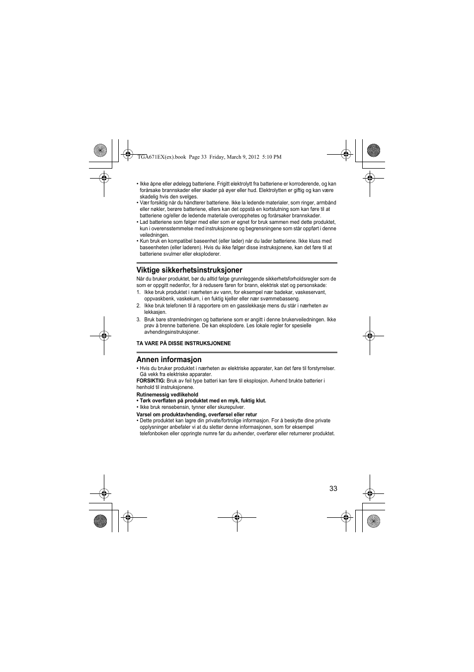 Viktige sikkerhetsinstruksjoner, Annen informasjon | Panasonic KXTGA671EX User Manual | Page 33 / 84