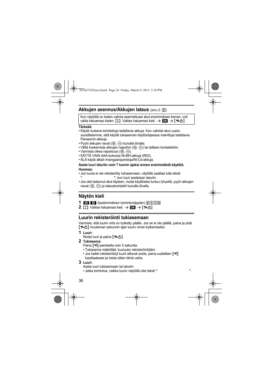 Akkujen asennus/akkujen lataus, Näytön kieli, Luurin rekisteröinti tukiasemaan | Panasonic KXTGA671EX User Manual | Page 36 / 84