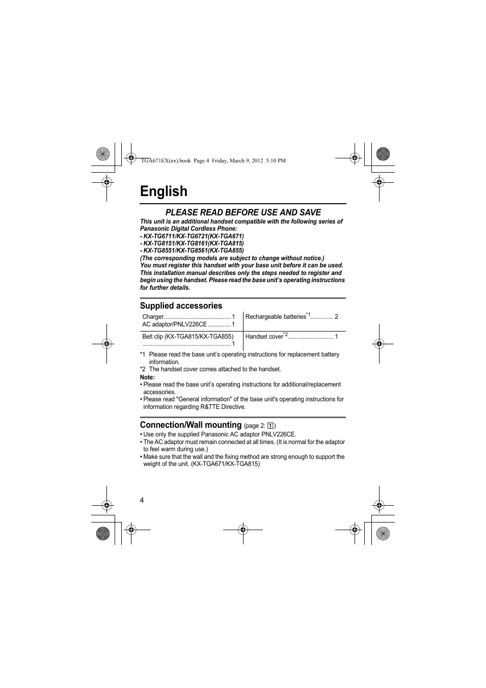 English, Please read before use and save, Supplied accessories | Connection/wall mounting | Panasonic KXTGA671EX User Manual | Page 4 / 84