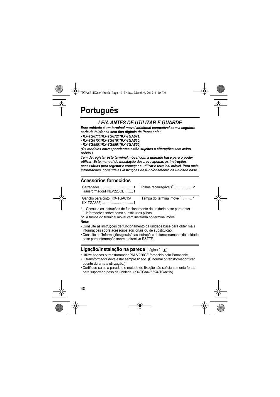 Português, Leia antes de utilizar e guarde, Acessórios fornecidos | Ligação/instalação na parede | Panasonic KXTGA671EX User Manual | Page 40 / 84