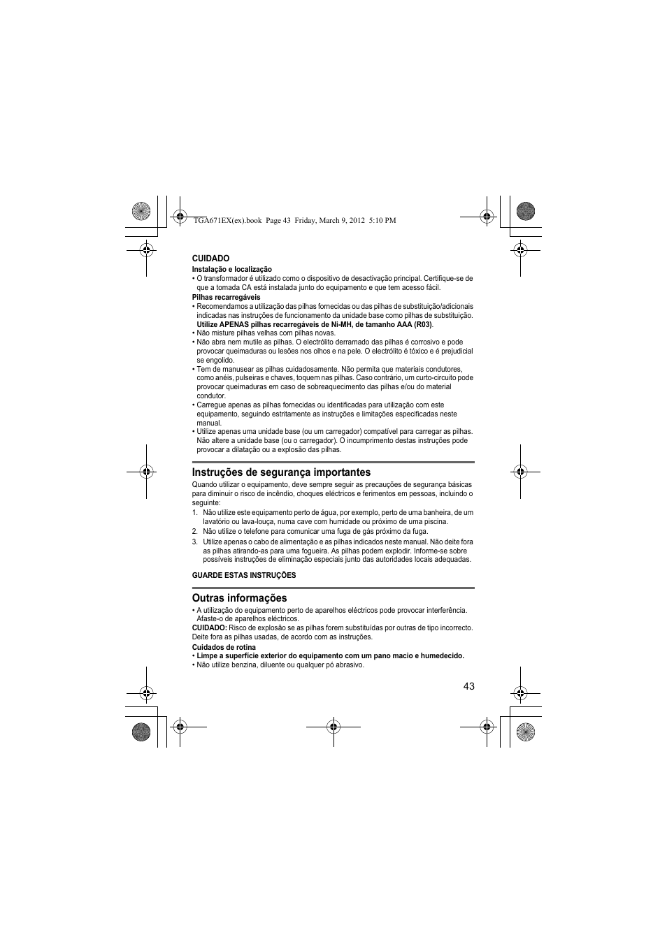 Instruções de segurança importantes, Outras informações | Panasonic KXTGA671EX User Manual | Page 43 / 84