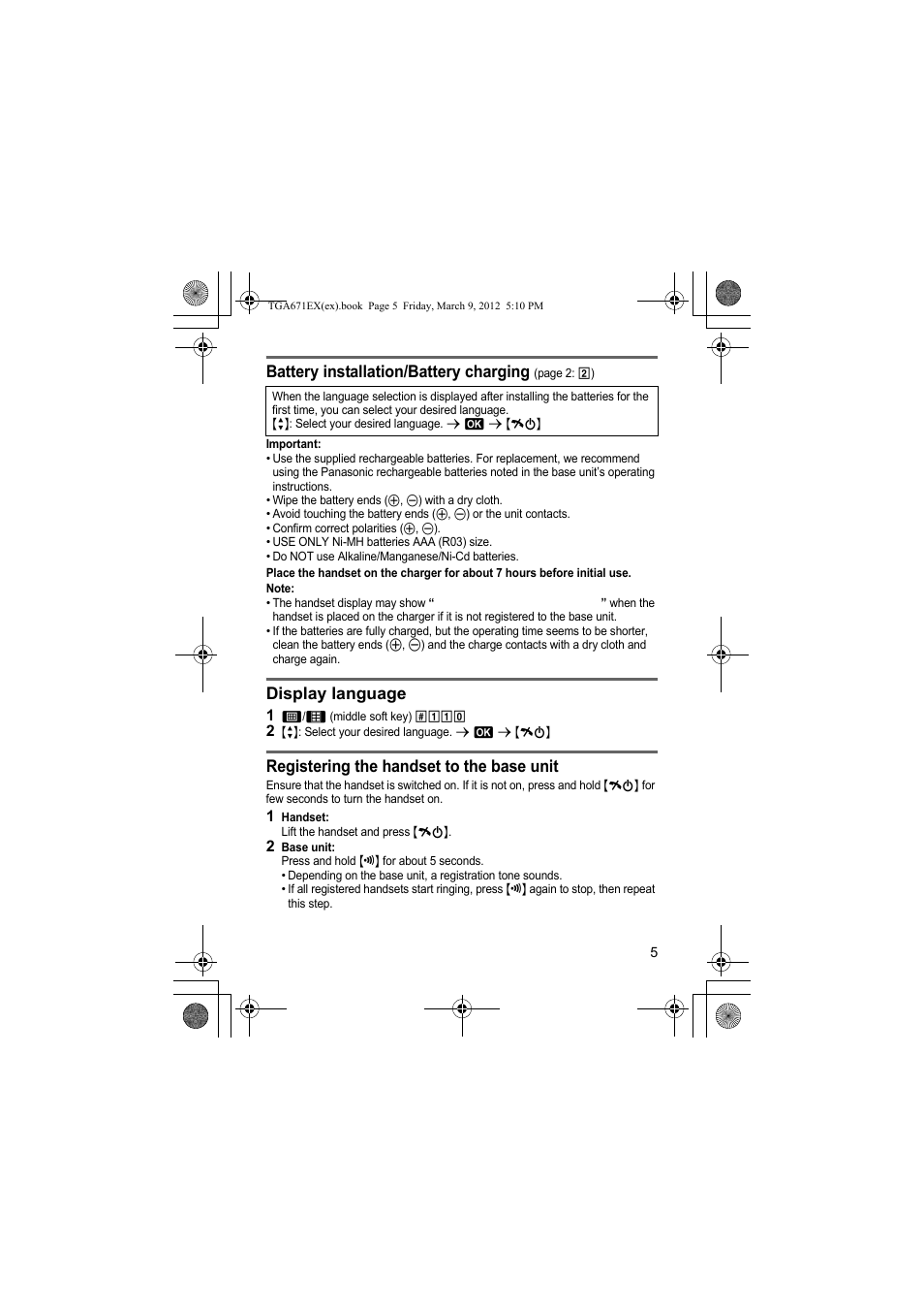 Battery installation/battery charging, Display language, Registering the handset to the base unit | Panasonic KXTGA671EX User Manual | Page 5 / 84