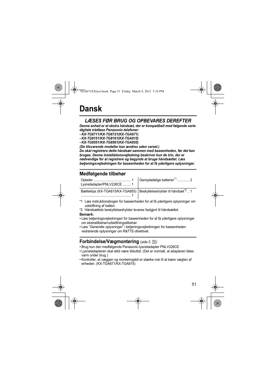 Dansk, Læses før brug og opbevares derefter, Medfølgende tilbehør | Forbindelse/vægmontering | Panasonic KXTGA671EX User Manual | Page 51 / 84