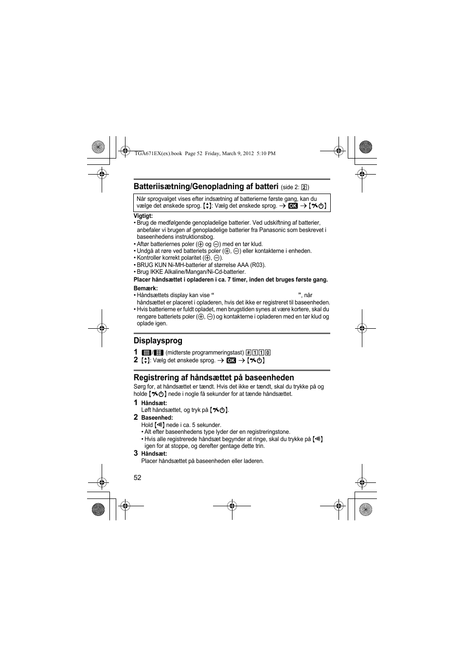 Batteriisætning/genopladning af batteri, Displaysprog, Registrering af håndsættet på baseenheden | Panasonic KXTGA671EX User Manual | Page 52 / 84