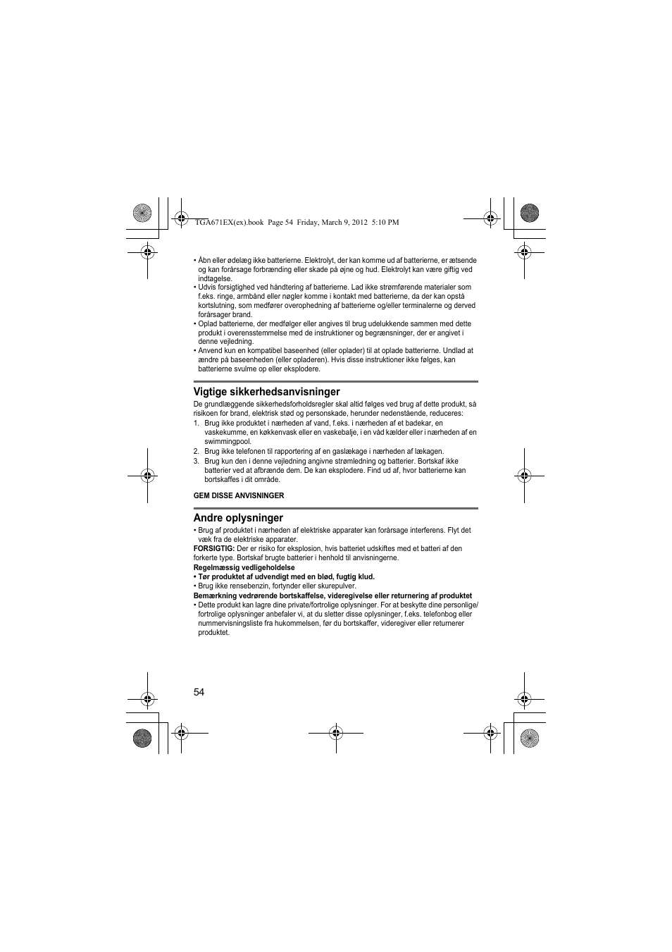 Vigtige sikkerhedsanvisninger, Andre oplysninger | Panasonic KXTGA671EX User Manual | Page 54 / 84
