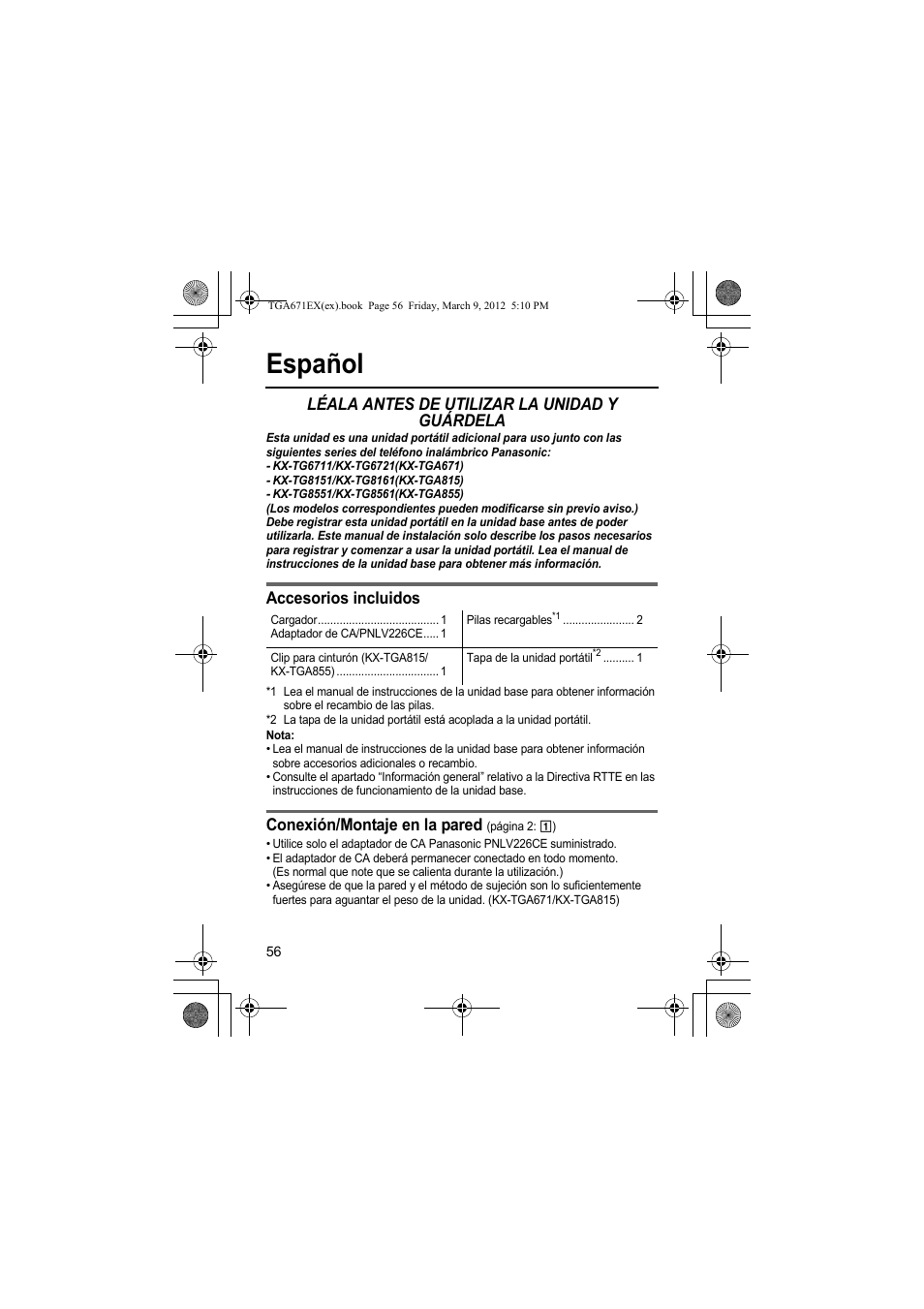 Español, Léala antes de utilizar la unidad y guárdela, Accesorios incluidos | Conexión/montaje en la pared | Panasonic KXTGA671EX User Manual | Page 56 / 84