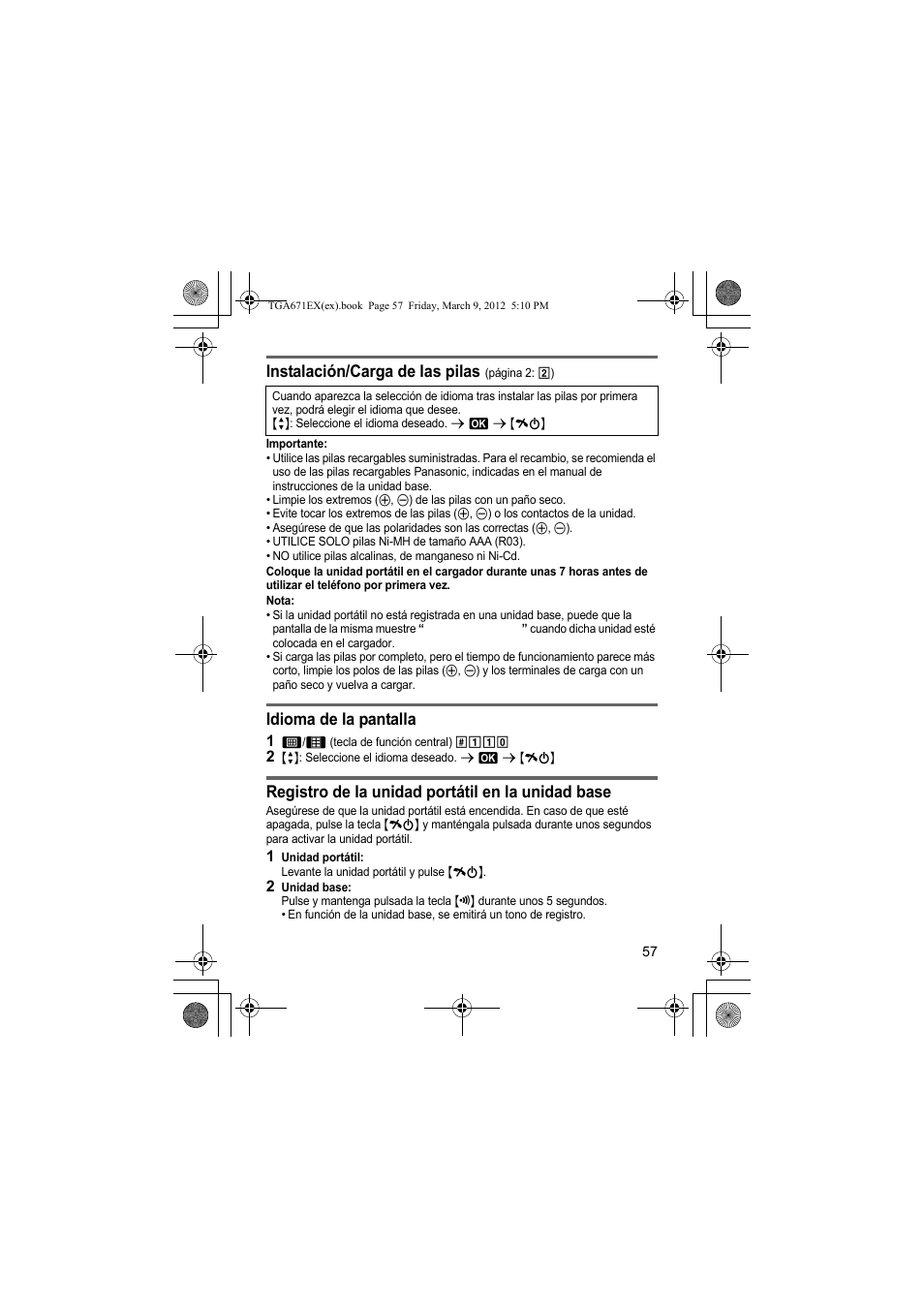 Instalación/carga de las pilas, Idioma de la pantalla, Registro de la unidad portátil en la unidad base | Panasonic KXTGA671EX User Manual | Page 57 / 84