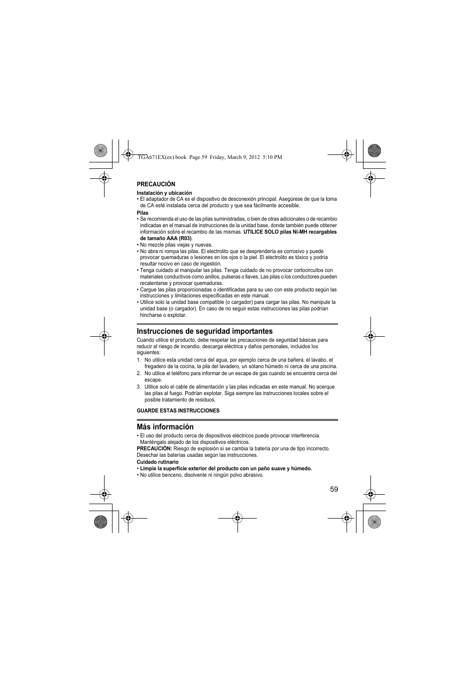 Instrucciones de seguridad importantes, Más información | Panasonic KXTGA671EX User Manual | Page 59 / 84