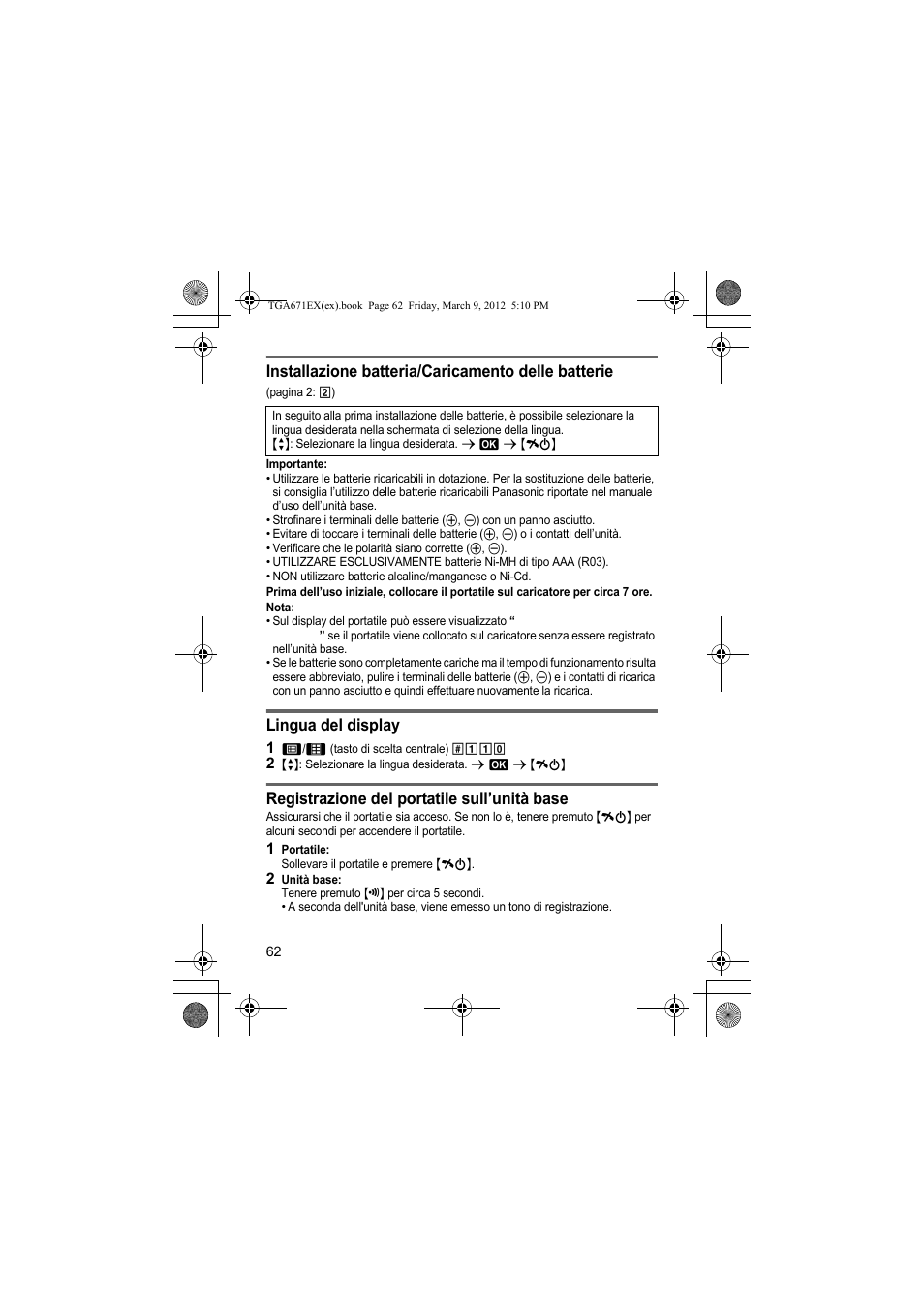 Installazione batteria/caricamento delle batterie, Lingua del display, Registrazione del portatile sull’unità base | Panasonic KXTGA671EX User Manual | Page 62 / 84