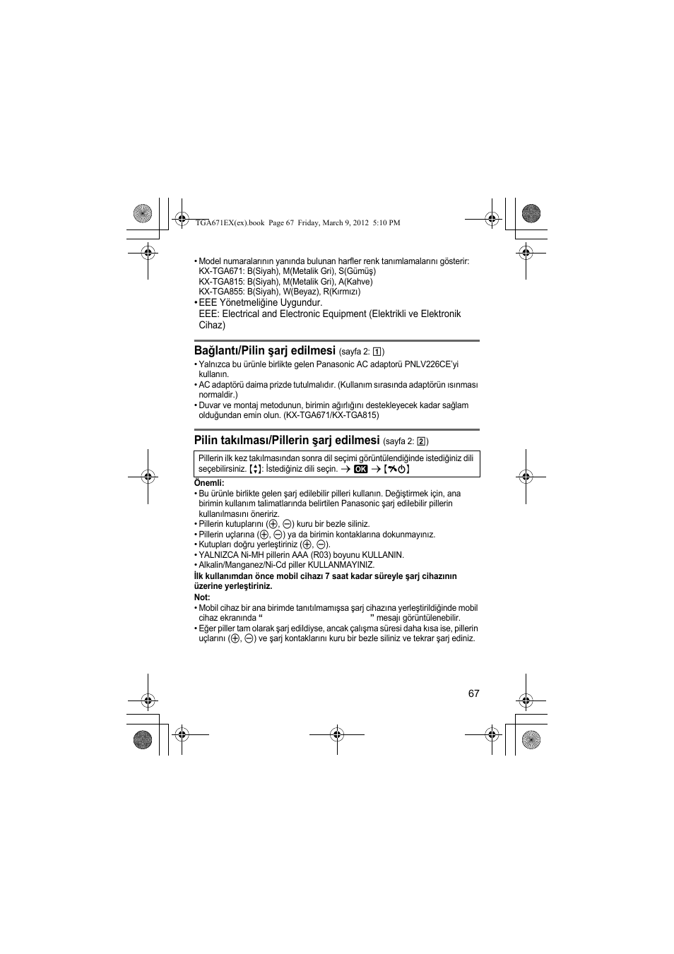 Bağlantı/pilin şarj edilmesi, Pilin takılması/pillerin şarj edilmesi | Panasonic KXTGA671EX User Manual | Page 67 / 84