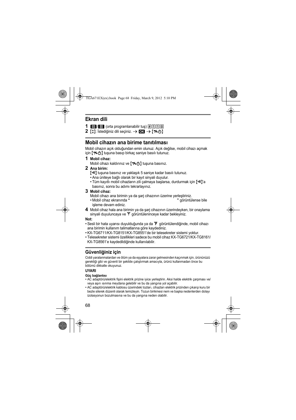 Ekran dili, Mobil cihazın ana birime tanıtılması | Panasonic KXTGA671EX User Manual | Page 68 / 84