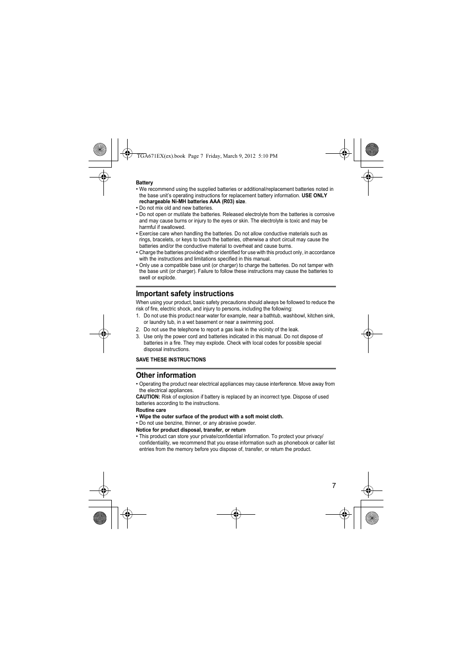 Important safety instructions, Other information | Panasonic KXTGA671EX User Manual | Page 7 / 84