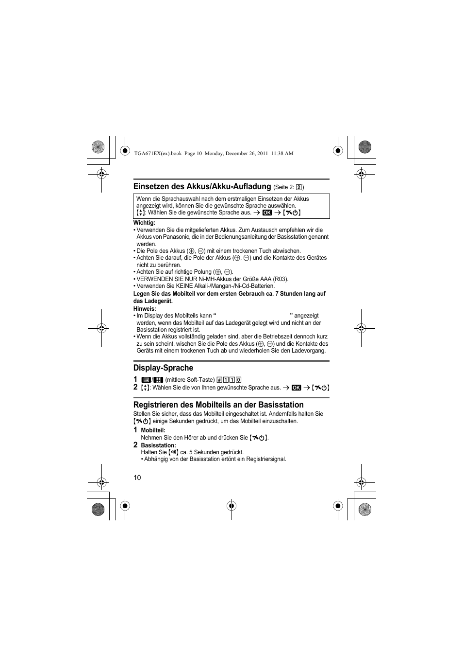 Einsetzen des akkus/akku-aufladung, Display-sprache, Registrieren des mobilteils an der basisstation | Panasonic KXTGA815EX User Manual | Page 10 / 84