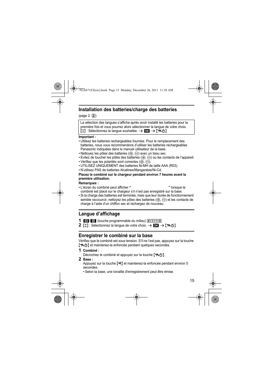 Installation des batteries/charge des batteries, Langue d’affichage, Enregistrer le combiné sur la base | Panasonic KXTGA815EX User Manual | Page 15 / 84