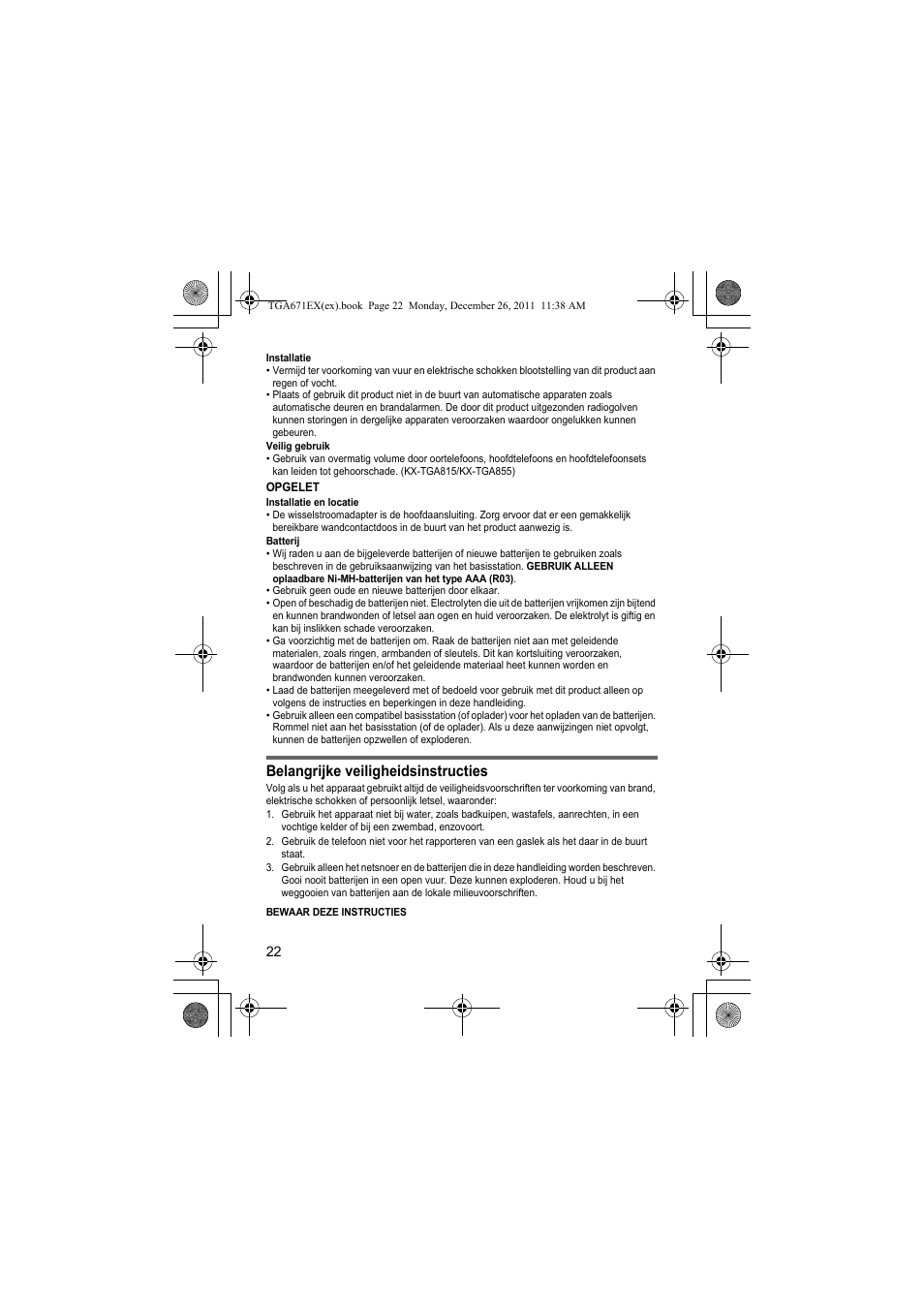 Belangrijke veiligheidsinstructies | Panasonic KXTGA815EX User Manual | Page 22 / 84