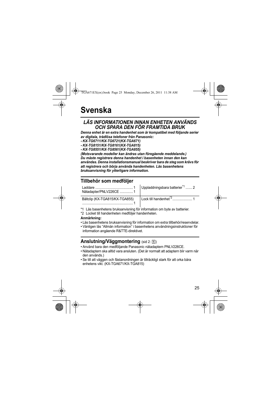 Svenska, Tillbehör som medföljer, Anslutning/väggmontering | Panasonic KXTGA815EX User Manual | Page 25 / 84