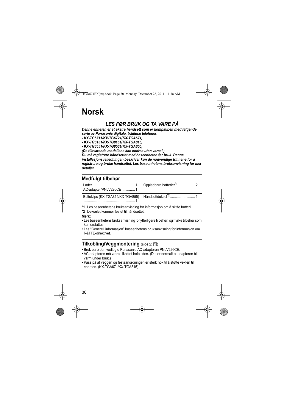 Norsk, Les før bruk og ta vare på, Medfulgt tilbehør | Tilkobling/veggmontering | Panasonic KXTGA815EX User Manual | Page 30 / 84