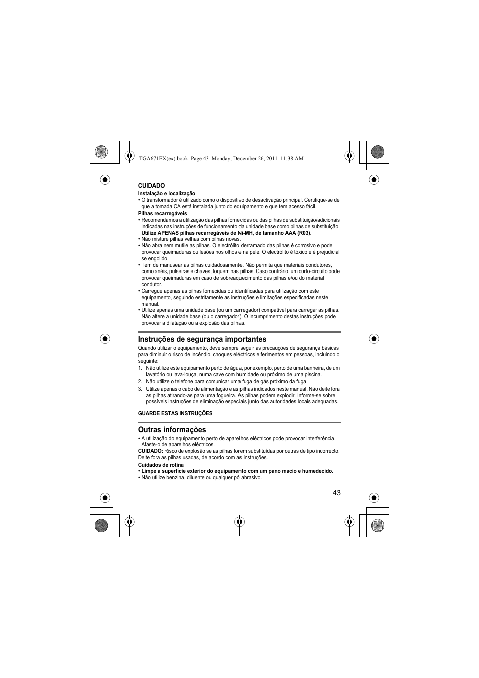 Instruções de segurança importantes, Outras informações | Panasonic KXTGA815EX User Manual | Page 43 / 84