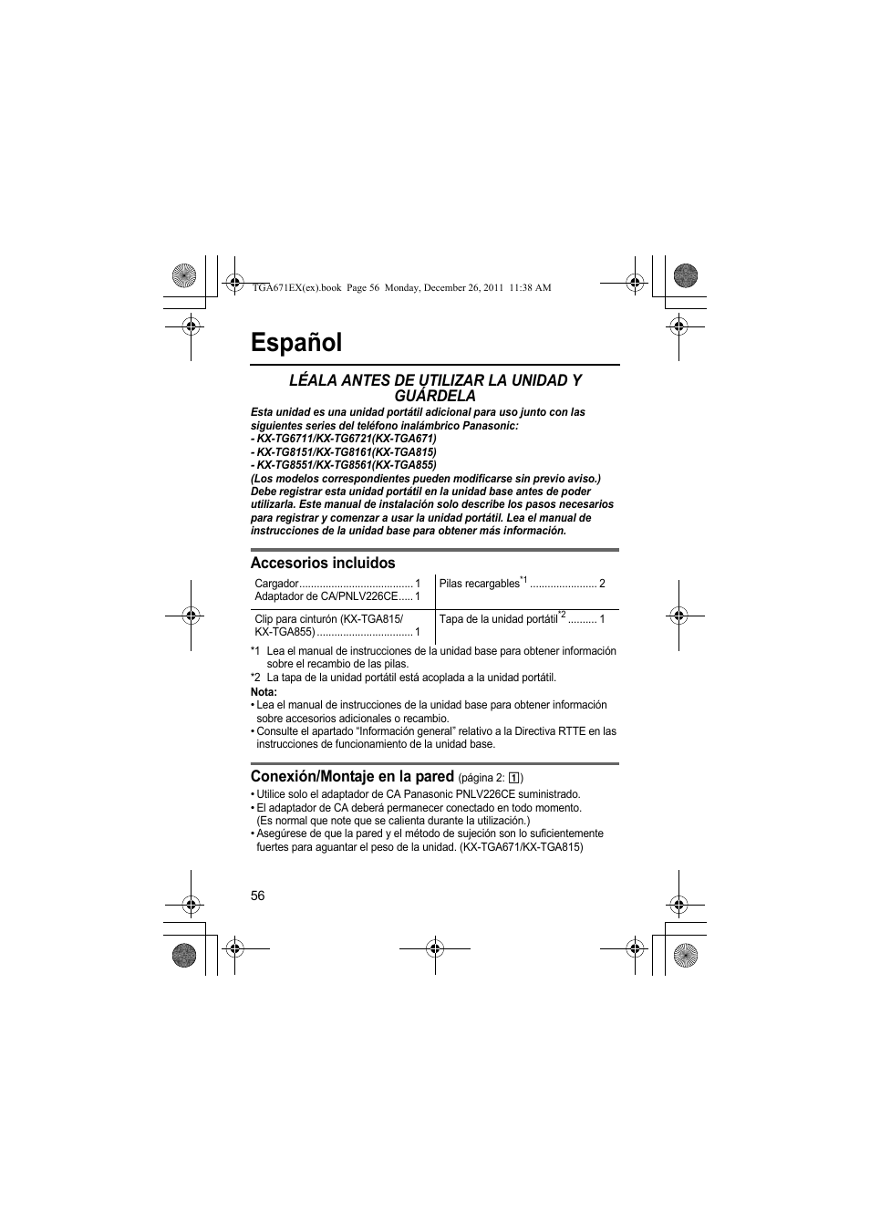 Español, Léala antes de utilizar la unidad y guárdela, Accesorios incluidos | Conexión/montaje en la pared | Panasonic KXTGA815EX User Manual | Page 56 / 84