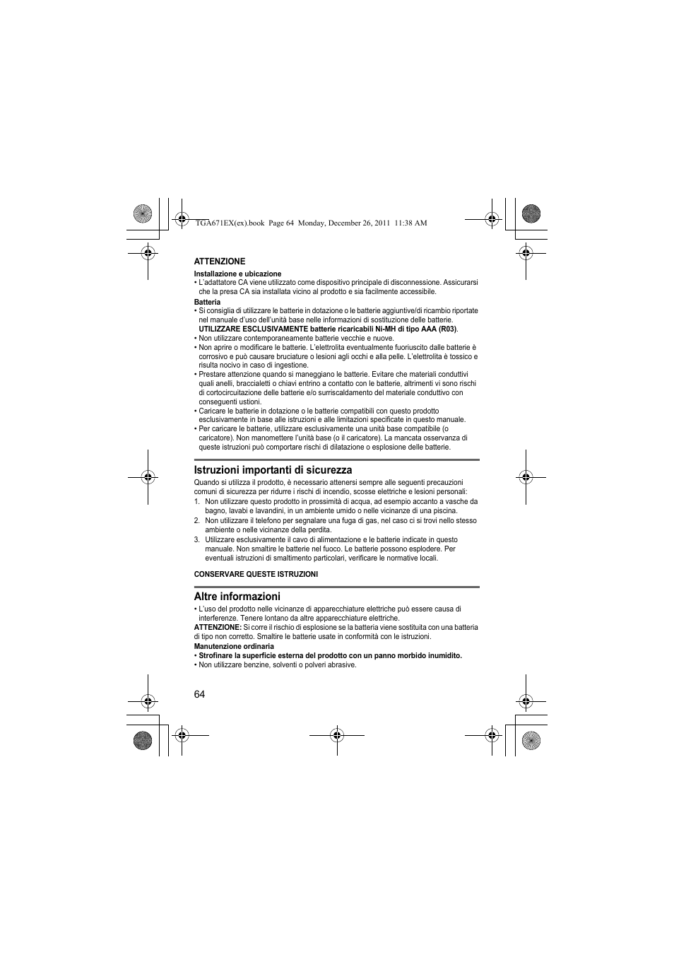 Istruzioni importanti di sicurezza, Altre informazioni | Panasonic KXTGA815EX User Manual | Page 64 / 84