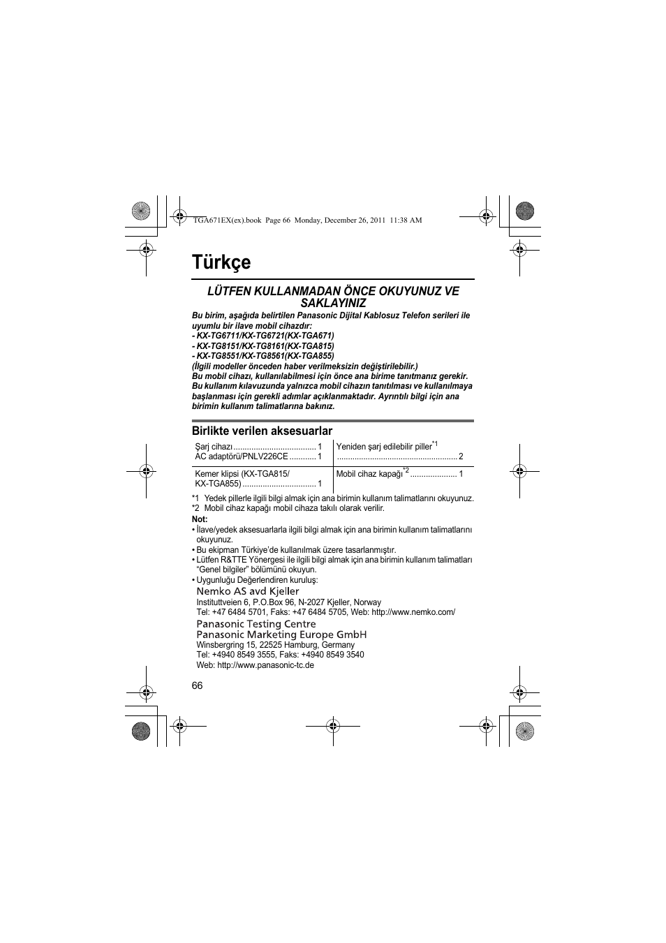 Türkçe, Lütfen kullanmadan önce okuyunuz ve saklayiniz, Birlikte verilen aksesuarlar | Panasonic KXTGA815EX User Manual | Page 66 / 84