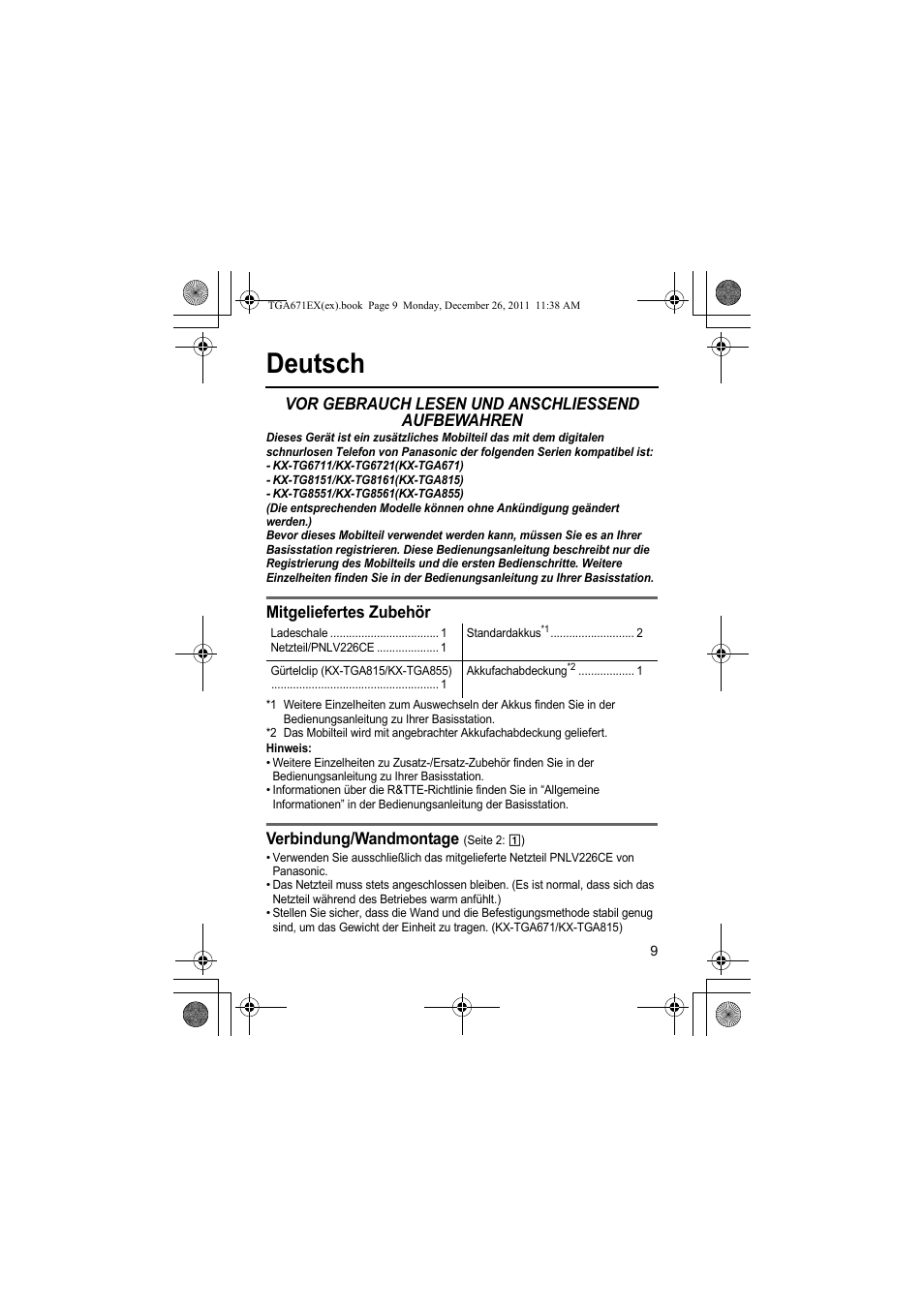 Deutsch, Vor gebrauch lesen und anschliessend aufbewahren, Mitgeliefertes zubehör | Verbindung/wandmontage | Panasonic KXTGA815EX User Manual | Page 9 / 84