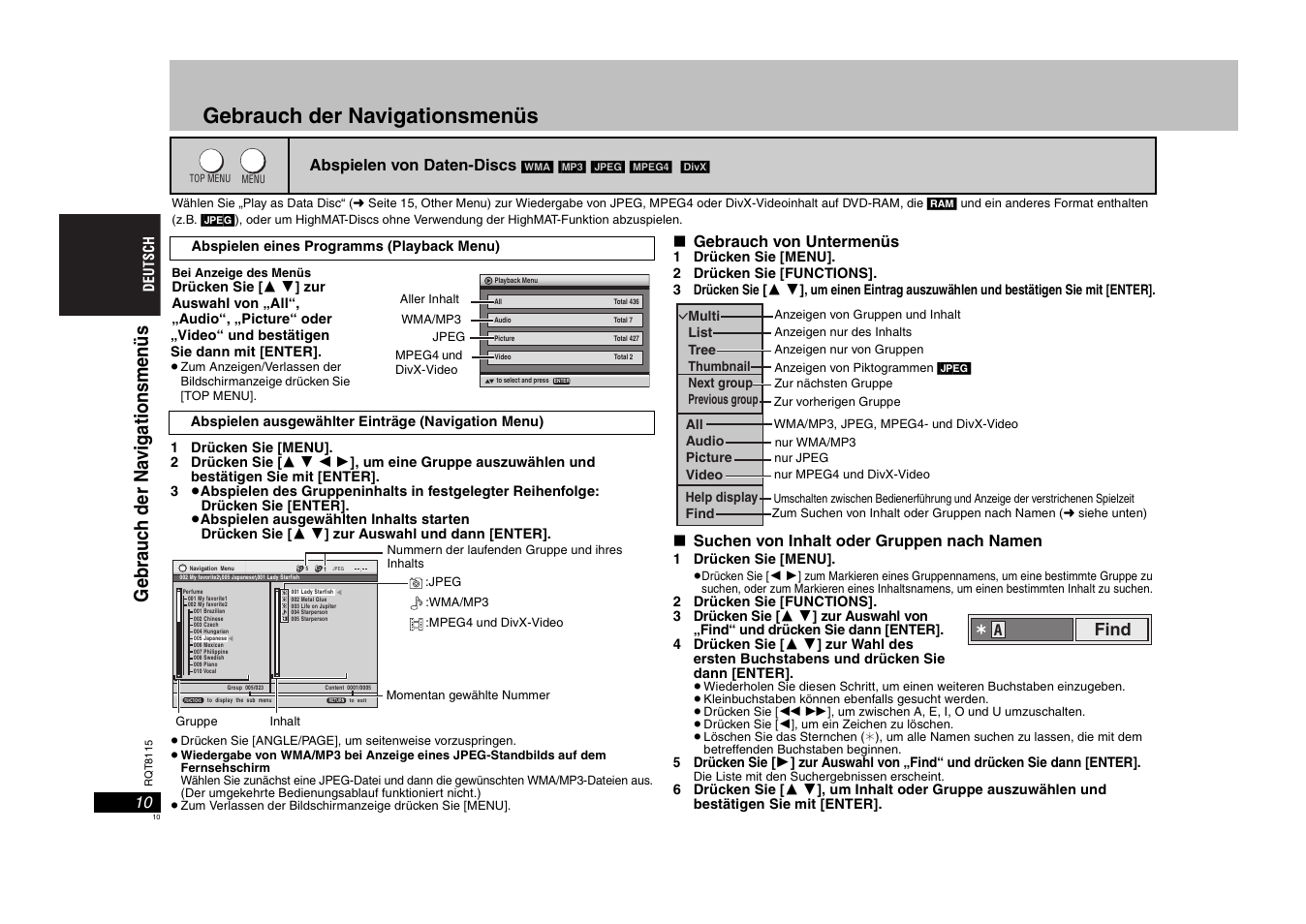 Gebrauch der navigationsmenüs | Panasonic DVDS49 User Manual | Page 10 / 68