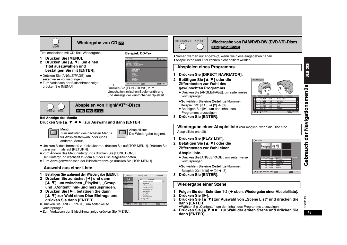 Wiedergabe von cd, Abspielen von highmat, Discs | Auswahl aus einer liste, Wiedergabe von ram/dvd-rw (dvd-vr)-discs, Wiedergabe einer szene | Panasonic DVDS49 User Manual | Page 11 / 68