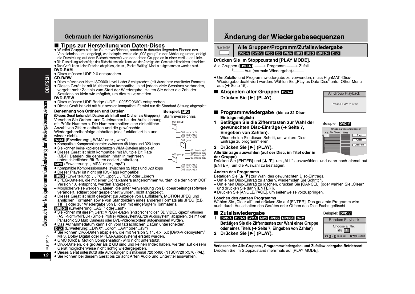 Änderung der wiedergabesequenzen | Panasonic DVDS49 User Manual | Page 12 / 68
