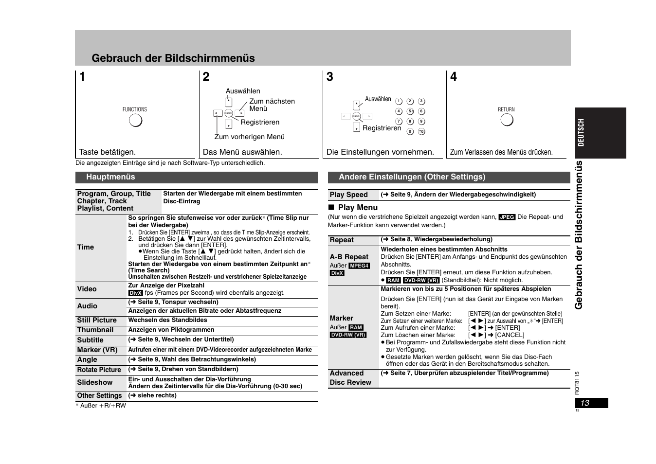 Gebrauch der bildschirmmenüs | Panasonic DVDS49 User Manual | Page 13 / 68