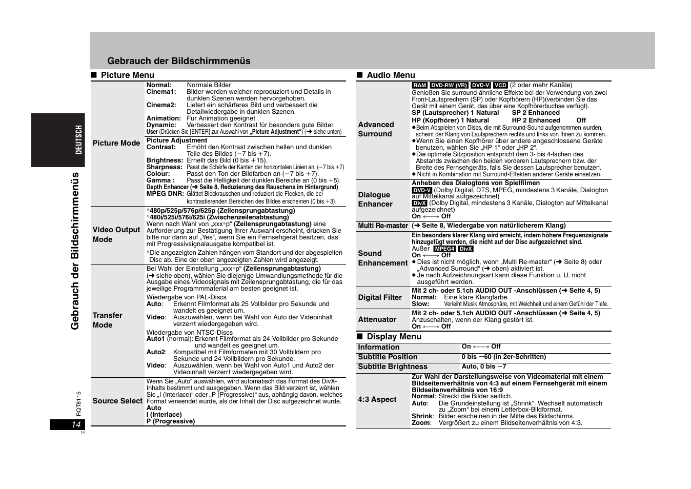 Gebrauch der bildschirmmenüs | Panasonic DVDS49 User Manual | Page 14 / 68