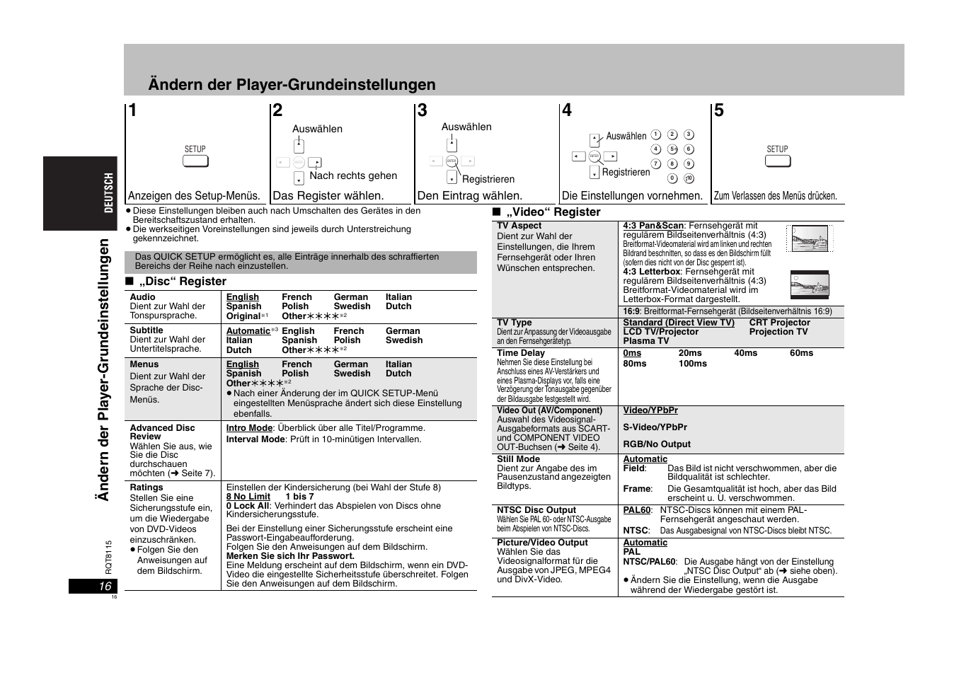 Ändern der player-grundeinstellungen, Ändern der pl a y er -gru ndeinst el lung e n | Panasonic DVDS49 User Manual | Page 16 / 68