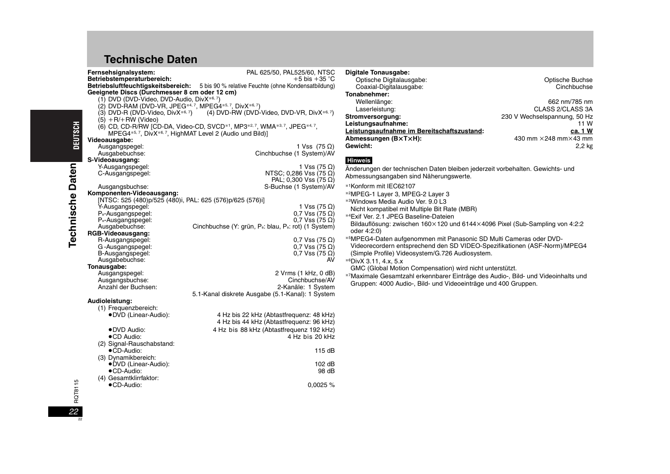 Technische daten, Te c hnisc he dat e n | Panasonic DVDS49 User Manual | Page 22 / 68