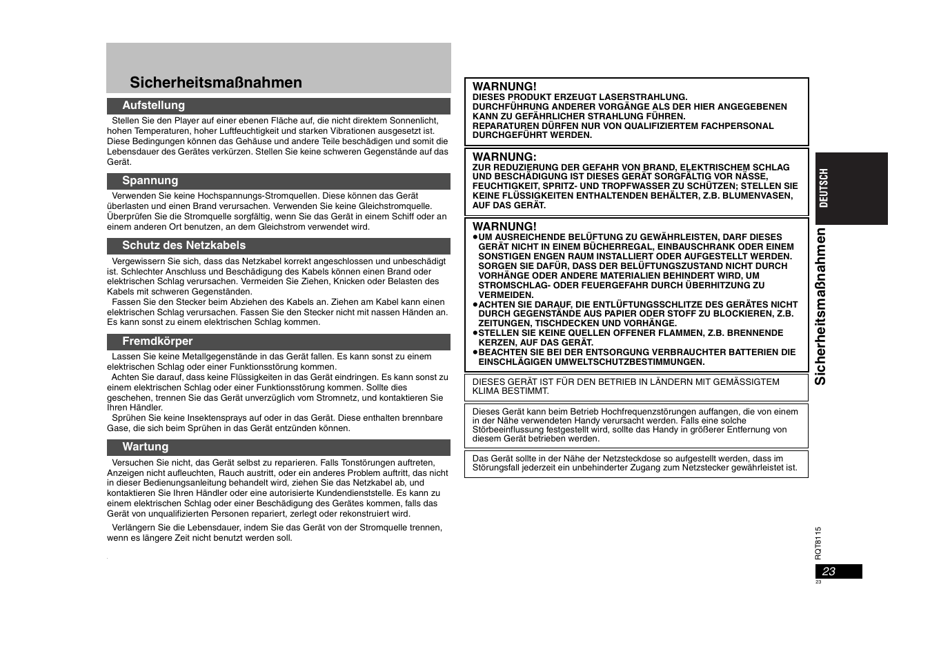 Sicherheitsmaßnahmen | Panasonic DVDS49 User Manual | Page 23 / 68