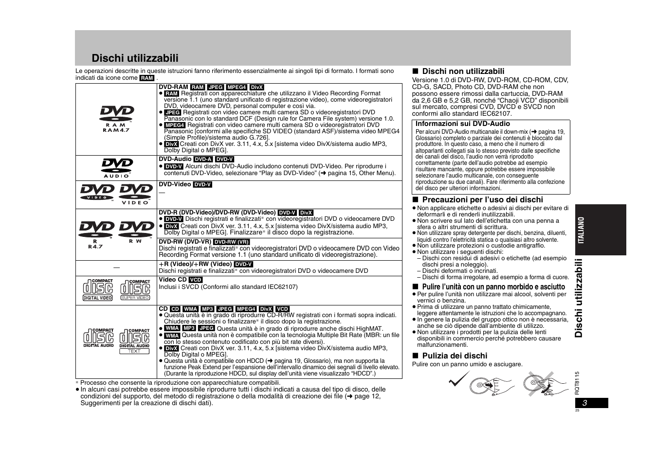 Dischi utilizzabili, Disc hi uti li zzabi li | Panasonic DVDS49 User Manual | Page 25 / 68