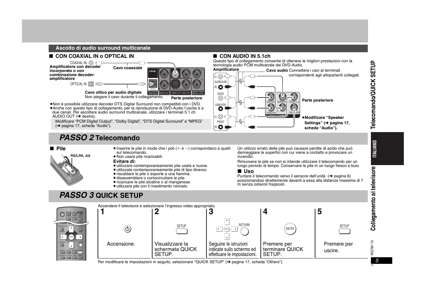 Passo 2, Passo 3, Telecomando | Quick setup | Panasonic DVDS49 User Manual | Page 27 / 68