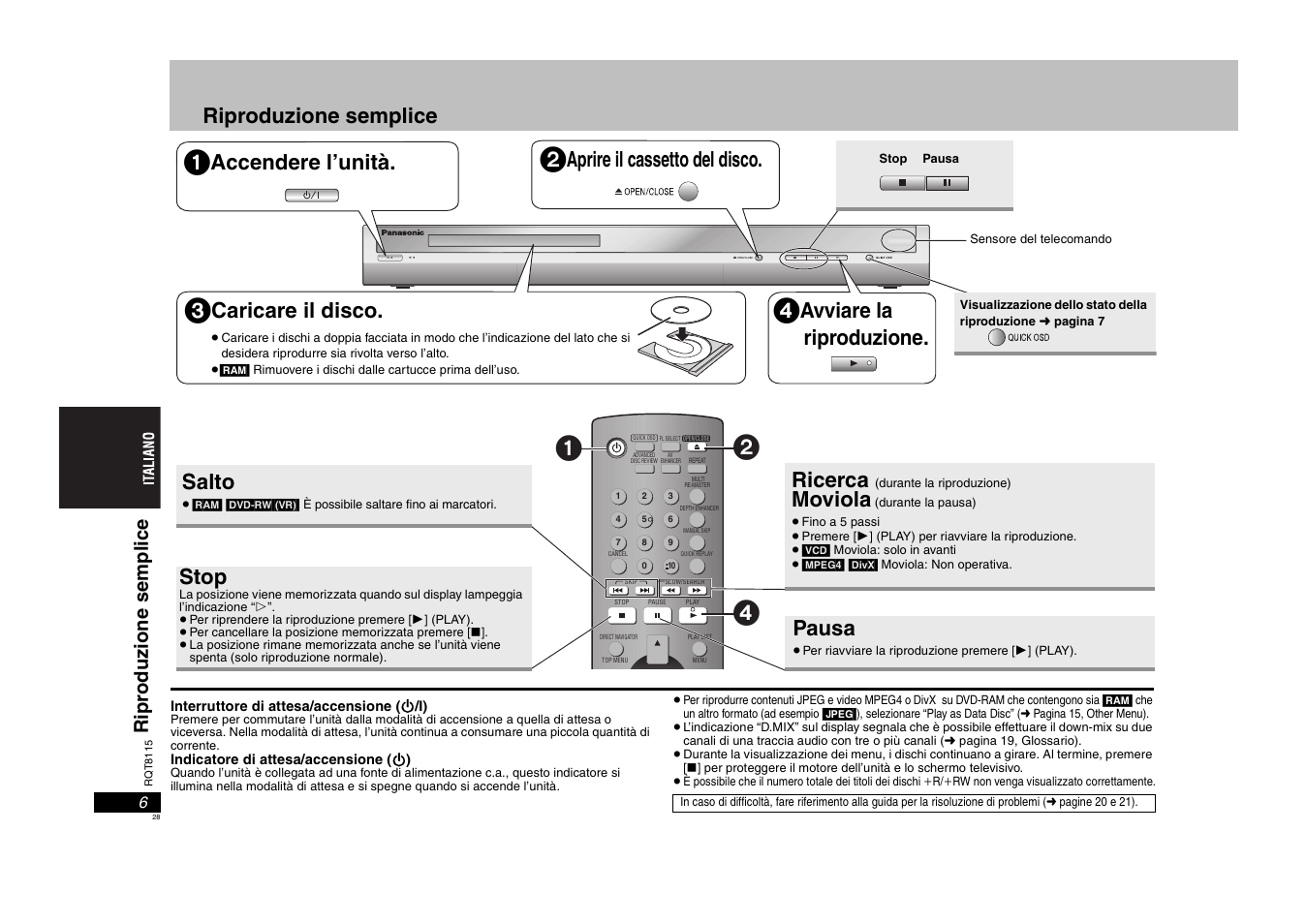 Riproduzione semplice, Accendere l’unità, Aprire il cassetto del disco | Caricare il disco, Avviare la riproduzione, Salto, Stop, Ricerca, Moviola, Pausa | Panasonic DVDS49 User Manual | Page 28 / 68