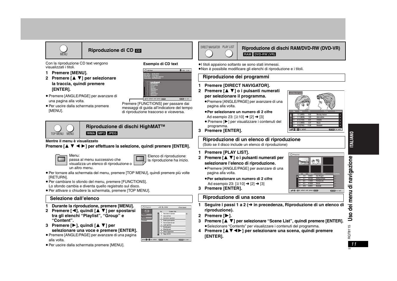 Us o dei m en u di na vi g az io n e, Riproduzione di cd, Riproduzione di dischi highmat | Selezione dall’elenco, Riproduzione di dischi ram/dvd-rw (dvd-vr), Riproduzione di una scena | Panasonic DVDS49 User Manual | Page 33 / 68