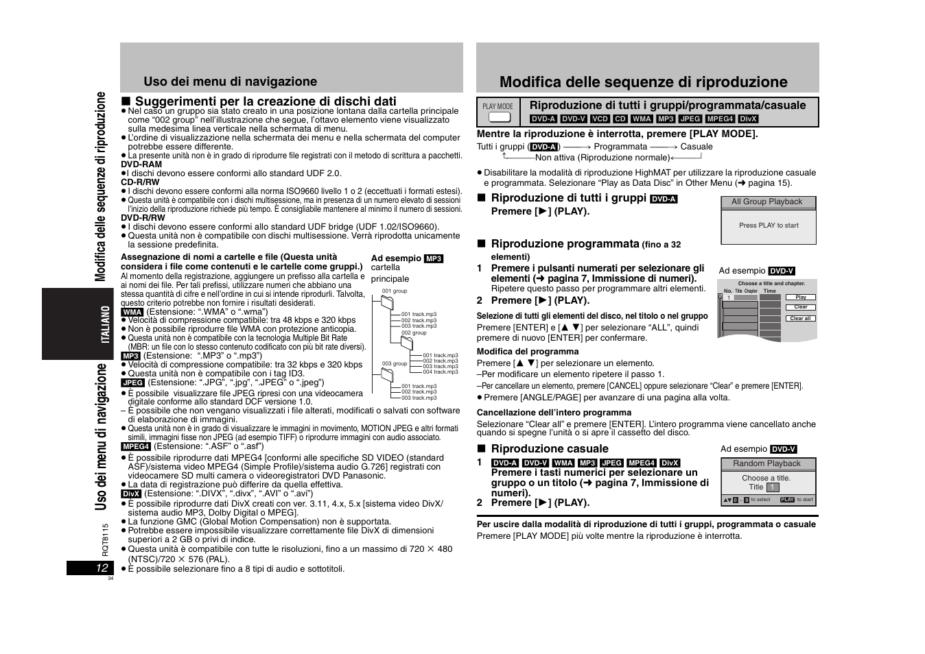 Modifica delle sequenze di riproduzione, Uso de i me nu di na vigazione | Panasonic DVDS49 User Manual | Page 34 / 68