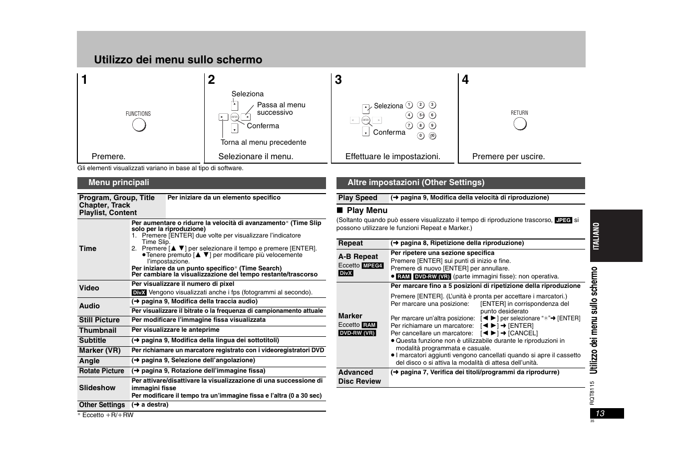 Utilizzo dei menu sullo schermo, Utili zz o d ei m en u su llo sc he rm o | Panasonic DVDS49 User Manual | Page 35 / 68